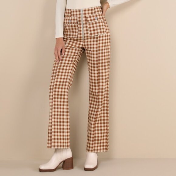 Lulus Adorably Classic Rust And Beige Gingham High-rise Pants Brown - Size M - Picture 1 of 1